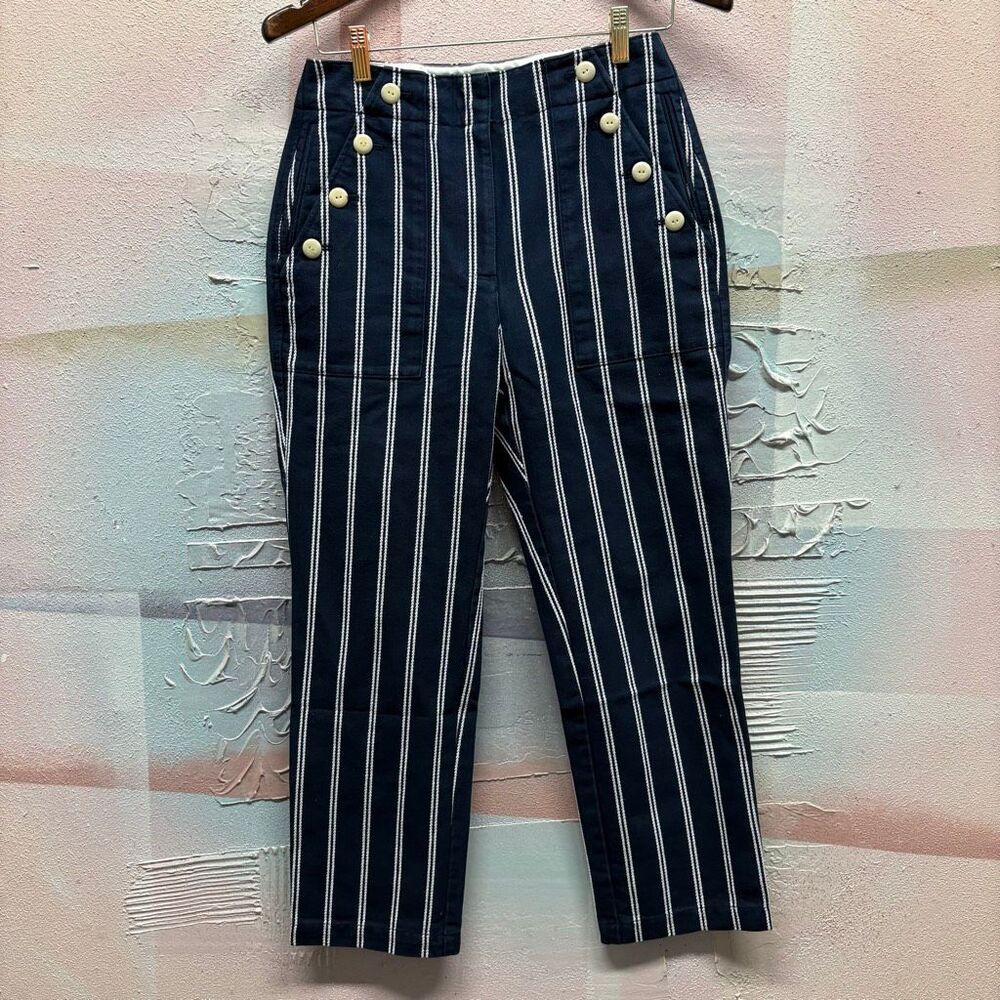 J. Crew 4 Navy Blue White Pin Stripe Pants Nautical Preppy Boardwalk Retro Chic